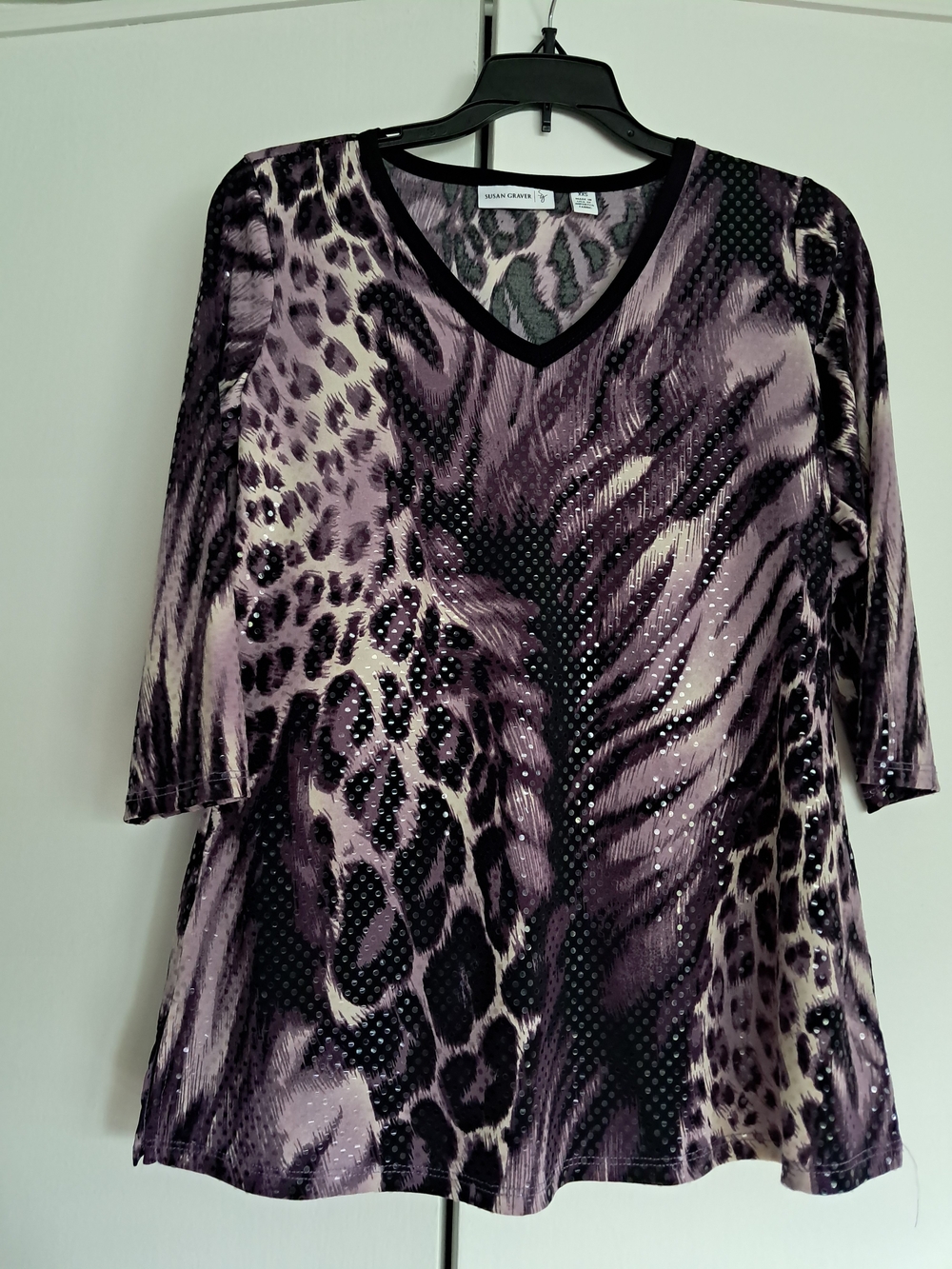 Susan Graver Purple Animal-Print V-Neck Top